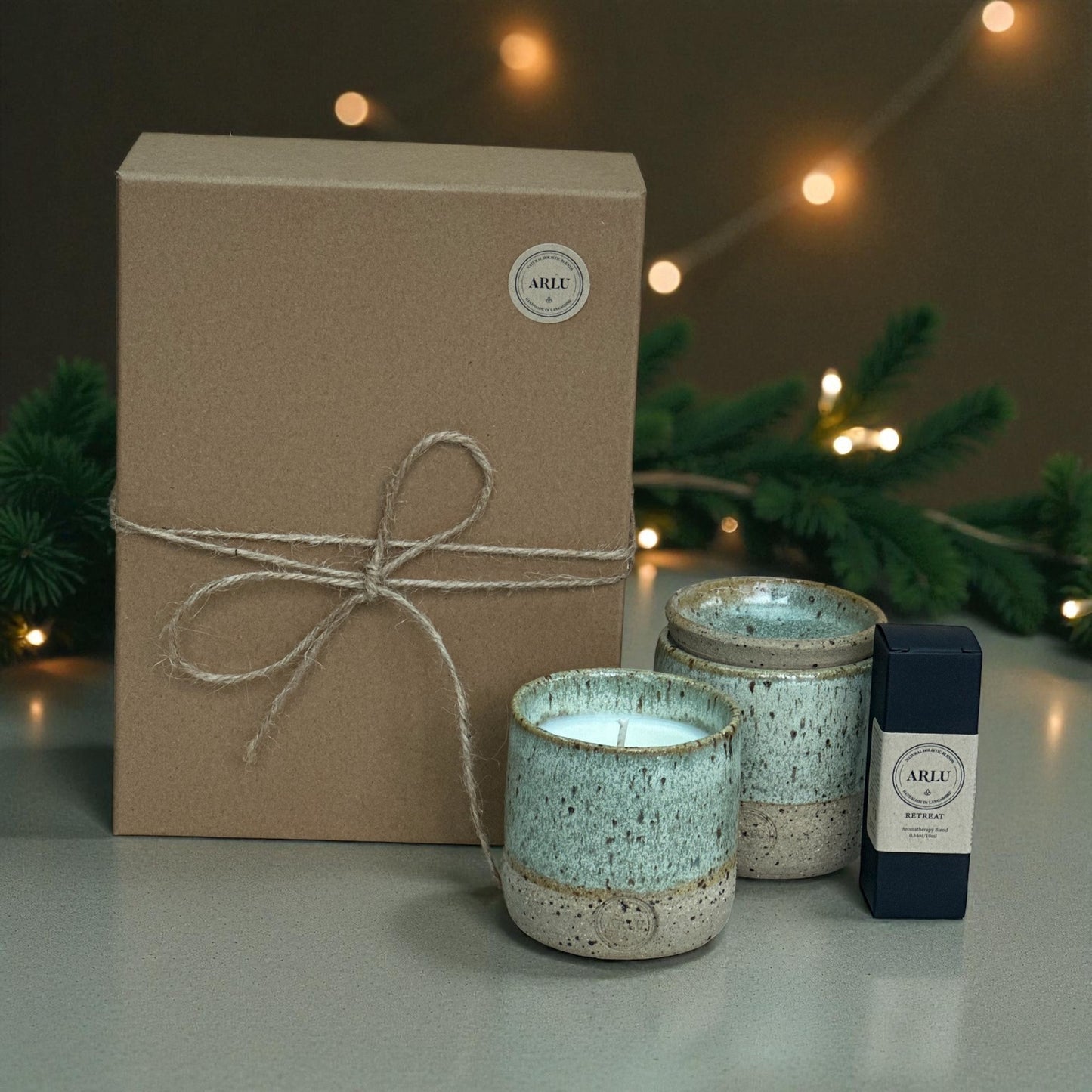 gift set with handmade oil burner and aromatherapy candle